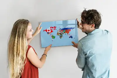 Magnetic glass dry erase board map with flags design