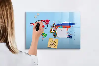 Magnetic glass dry erase board map with flags design