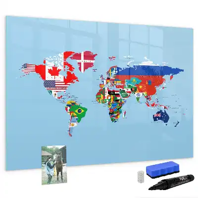 Magnetic glass dry erase board map with flags design
