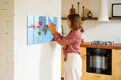 Magnetic glass dry erase board map with flags design