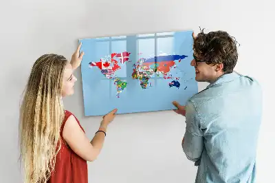 Magnetic glass dry erase board map with flags design