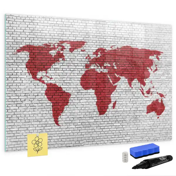 Magnetic marker board world map on brick wall