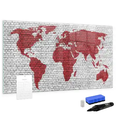 Magnetic marker board world map on brick wall