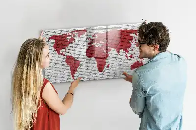 Magnetic marker board world map on brick wall