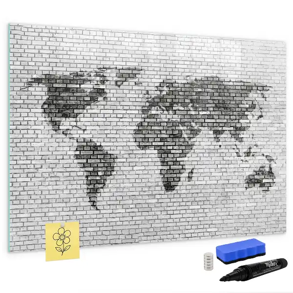 Magnetic glass dry erase board world map on brick wall print