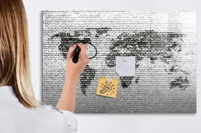 Magnetic glass dry erase board world map on brick wall print