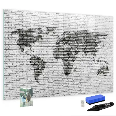 Magnetic glass dry erase board world map on brick wall print