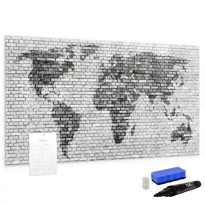 Magnetic glass dry erase board world map on brick wall print