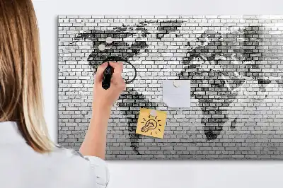 Magnetic glass dry erase board world map on brick wall print