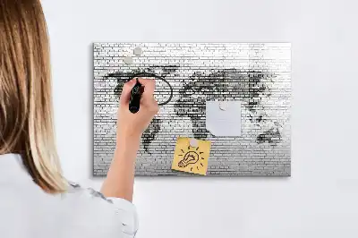 Magnetic glass dry erase board world map on brick wall print