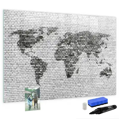 Magnetic glass dry erase board world map on brick wall print