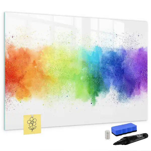 Magnetic glass dry erase board with abstract rainbow design