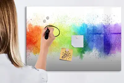 Magnetic glass dry erase board with abstract rainbow design
