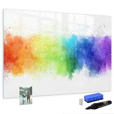 Magnetic glass dry erase board with abstract rainbow design