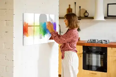 Magnetic glass dry erase board with abstract rainbow design
