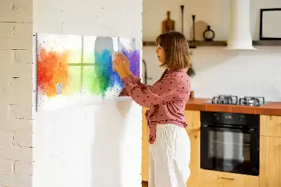 Magnetic glass dry erase board with abstract rainbow design