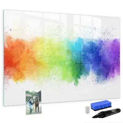 Magnetic glass dry erase board with abstract rainbow design