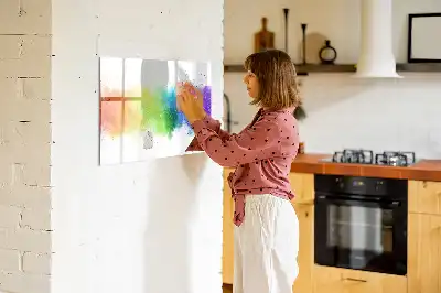 Magnetic glass dry erase board with abstract rainbow design