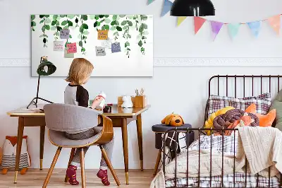 Magnetic glass dry erase board with plant leaf pattern