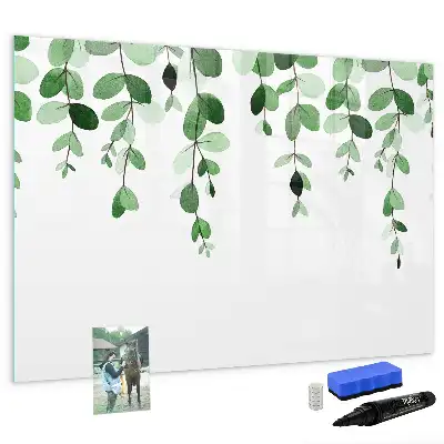 Magnetic glass dry erase board with plant leaf pattern