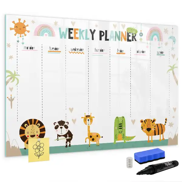 Magnetic glass dry erase board with weekly planner and animal designs