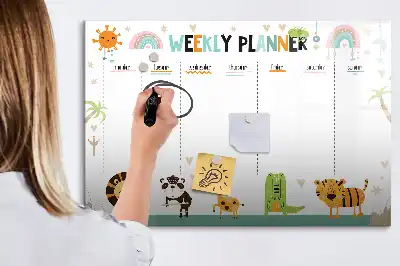 Magnetic glass dry erase board with weekly planner and animal designs