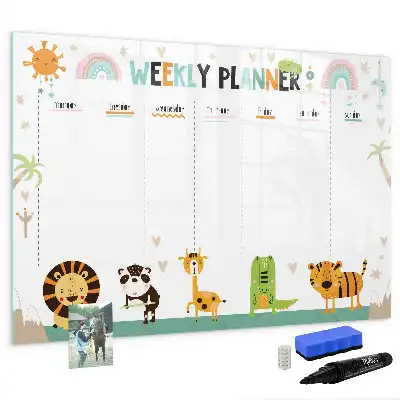 Magnetic glass dry erase board with weekly planner and animal designs