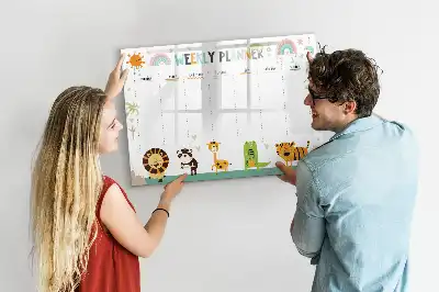 Magnetic glass dry erase board with weekly planner and animal designs