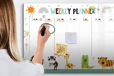 Magnetic glass dry erase board with weekly planner and animal designs