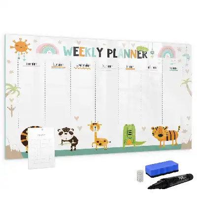 Magnetic glass dry erase board with weekly planner and animal designs