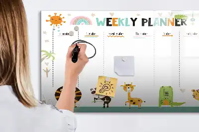 Magnetic glass dry erase board with weekly planner and animal designs