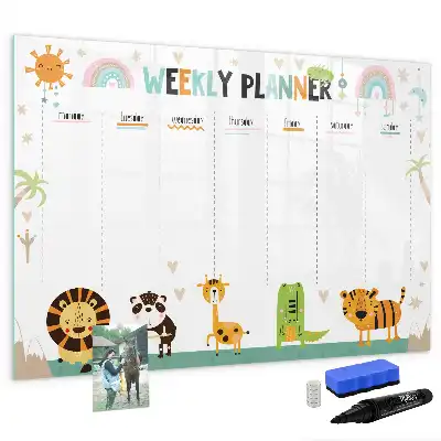 Magnetic glass dry erase board with weekly planner and animal designs