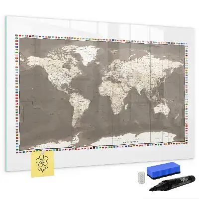 Magnetic glass dry erase board with brown world map print