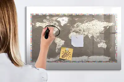 Magnetic glass dry erase board with brown world map print