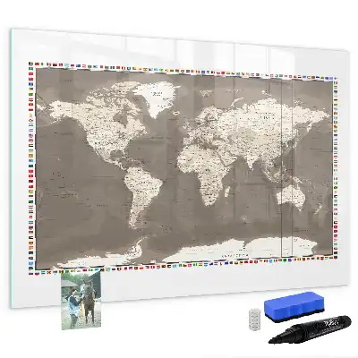 Magnetic glass dry erase board with brown world map print