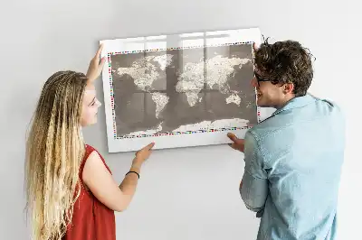 Magnetic glass dry erase board with brown world map print
