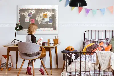 Magnetic glass dry erase board with brown world map print
