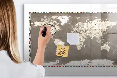 Magnetic glass dry erase board with brown world map print