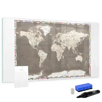 Magnetic glass dry erase board with brown world map print
