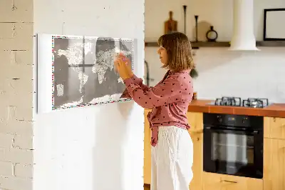 Magnetic glass dry erase board with brown world map print