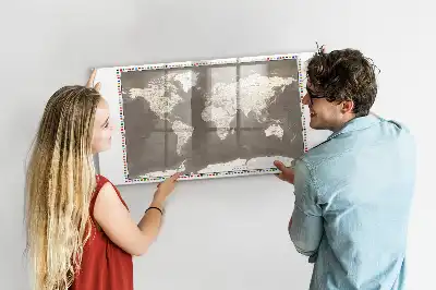 Magnetic glass dry erase board with brown world map print