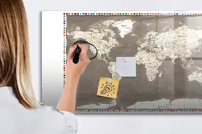 Magnetic glass dry erase board with brown world map print