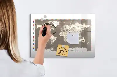 Magnetic glass dry erase board with brown world map print