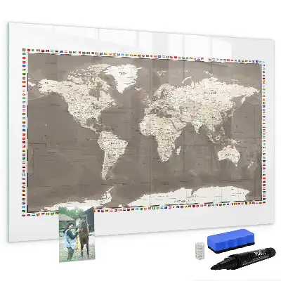 Magnetic glass dry erase board with brown world map print