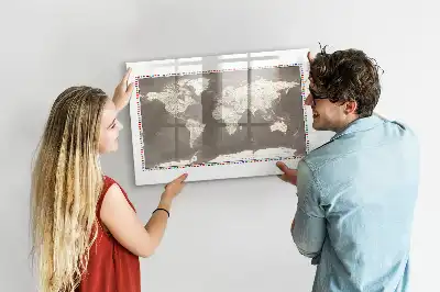 Magnetic glass dry erase board with brown world map print