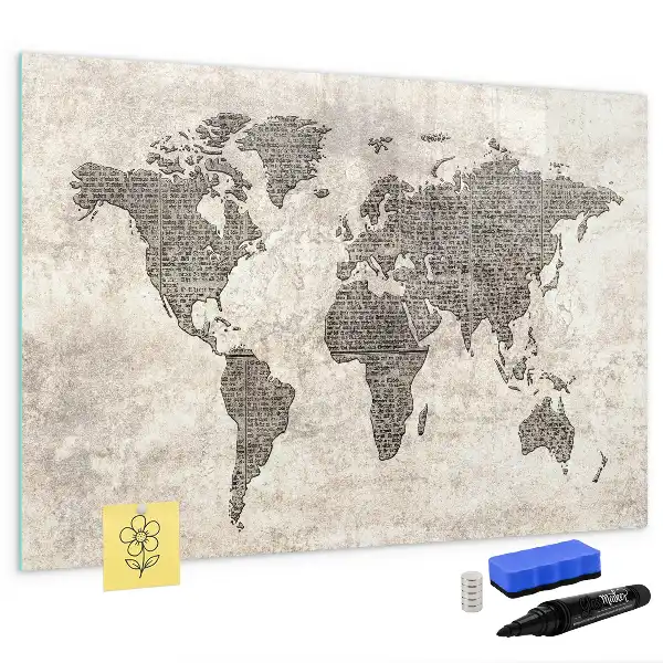 Magnetic marker board world map made from newspapers