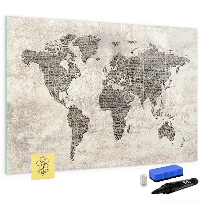 Magnetic marker board world map made from newspapers