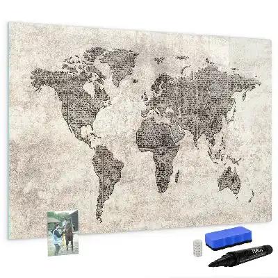 Magnetic marker board world map made from newspapers