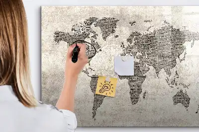 Magnetic marker board world map made from newspapers