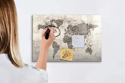Magnetic marker board world map made from newspapers